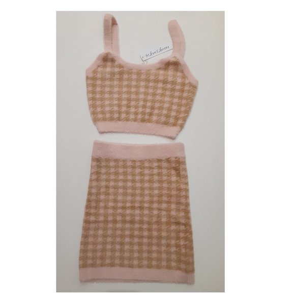 NWT FOR LOVE & LEMONS 2PC TOP & SKIRT SET IN LT. PINK HOUNDS TOOTH 1X - Picture 4 of 7